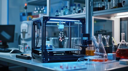 printer creating a scientific model on a lab bench.