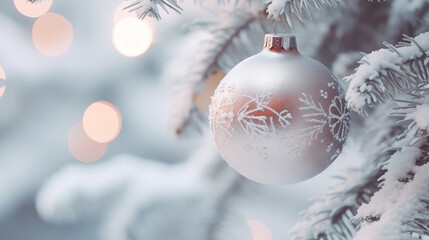 Red Christmas Ball on Snowy Fir Branch