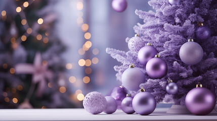 Festive purple Christmas background with sparkling purple balls and ornaments.