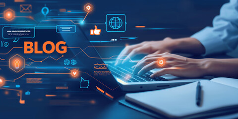 Businesswoman working on laptop with blog hologram and social media icons