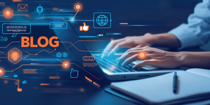 Businesswoman working on laptop with blog hologram and social media icons