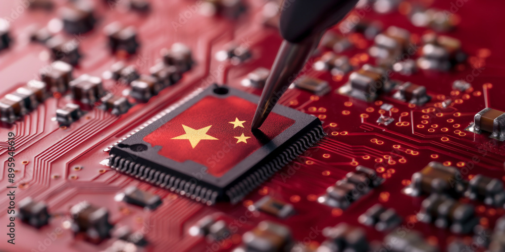 Poster Microchip with chinese flag being worked on by an engineer using a tool