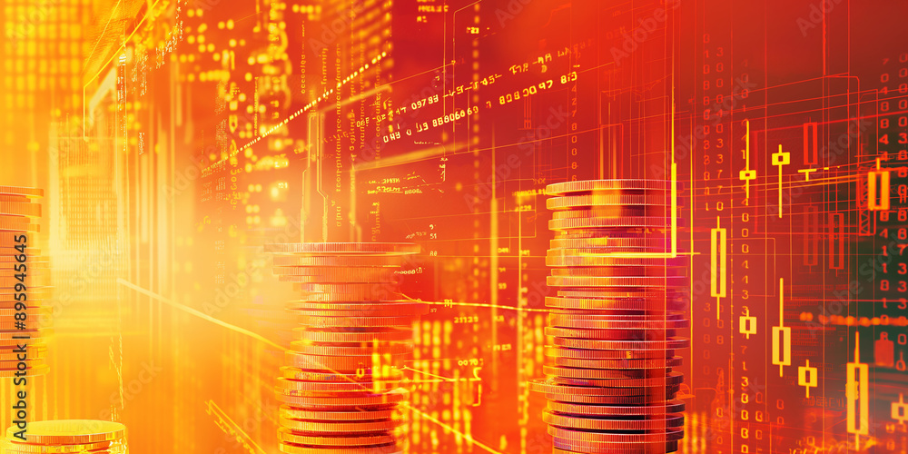 Aufkleber stacks of gold coins increasing in value with digital market charts showing bullish uptrend