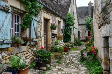 Fototapeta premium Stone Pathway Through a Flower Filled Village Alley.
