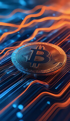 Digital transactions flowing representing bitcoin in orange and blue tones