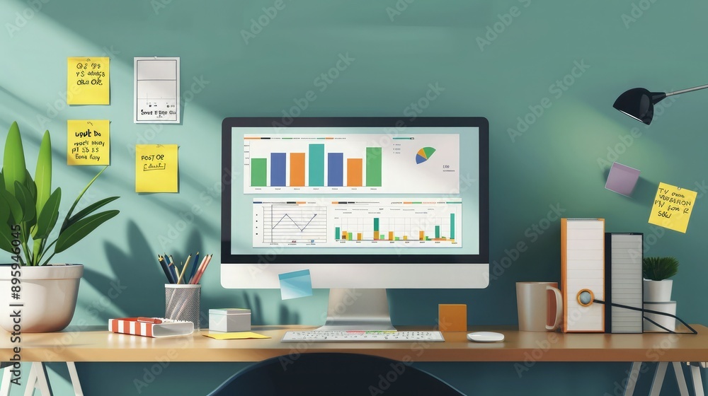 Poster a desk with a computer monitor displaying a project management dashboard and sticky notes around it.