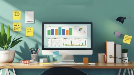 A desk with a computer monitor displaying a project management dashboard and sticky notes around it.