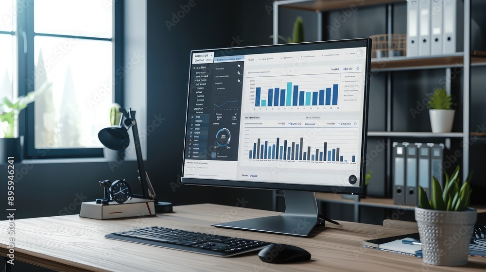 Poster a desktop setup with a monitor showing a customer relationship management (crm) system.