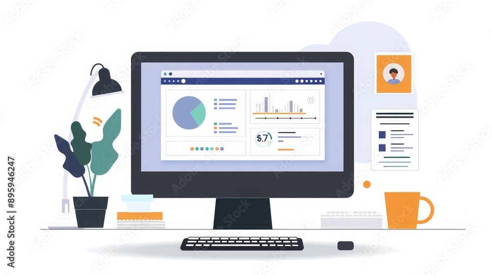 Aufkleber a desktop setup with a monitor showing a customer relationship management (crm) system.