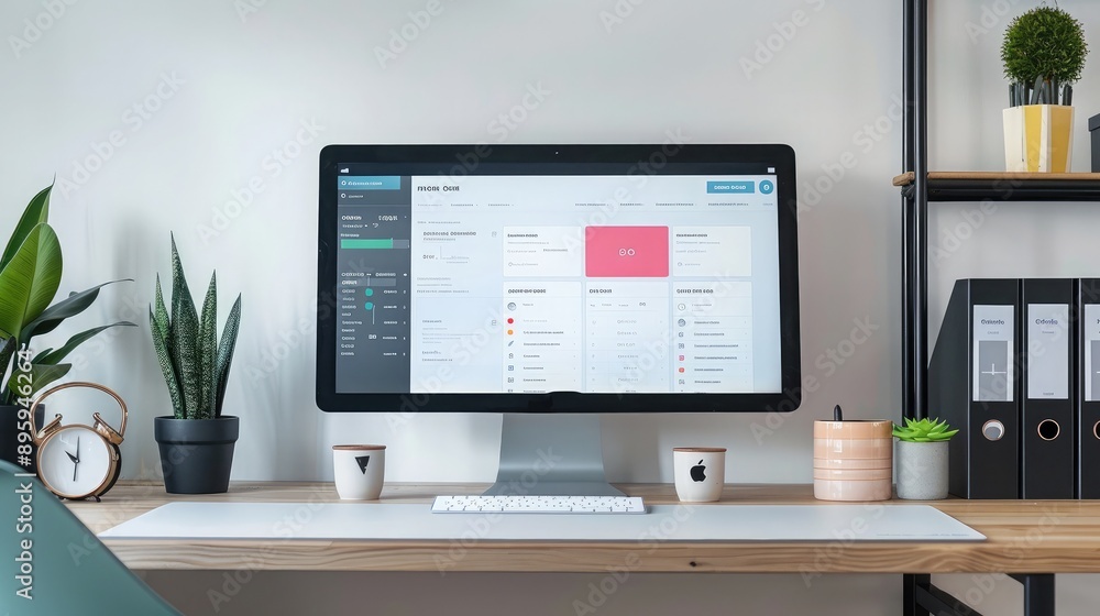Poster a desktop setup with a monitor showing a customer relationship management (crm) system.