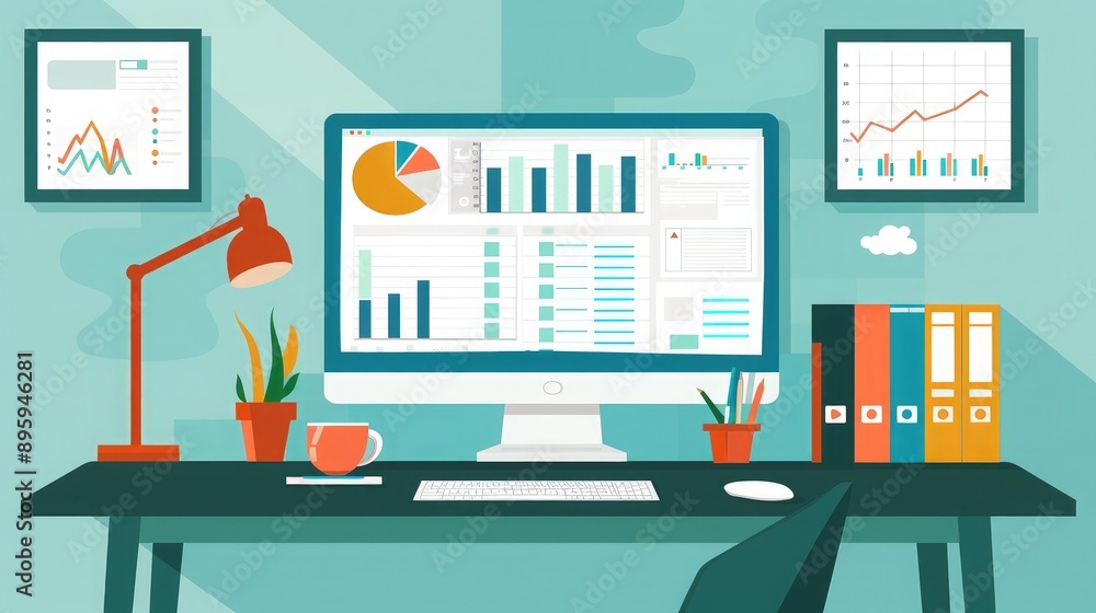 Poster a desktop setup with a monitor showing a customer relationship management (crm) system.