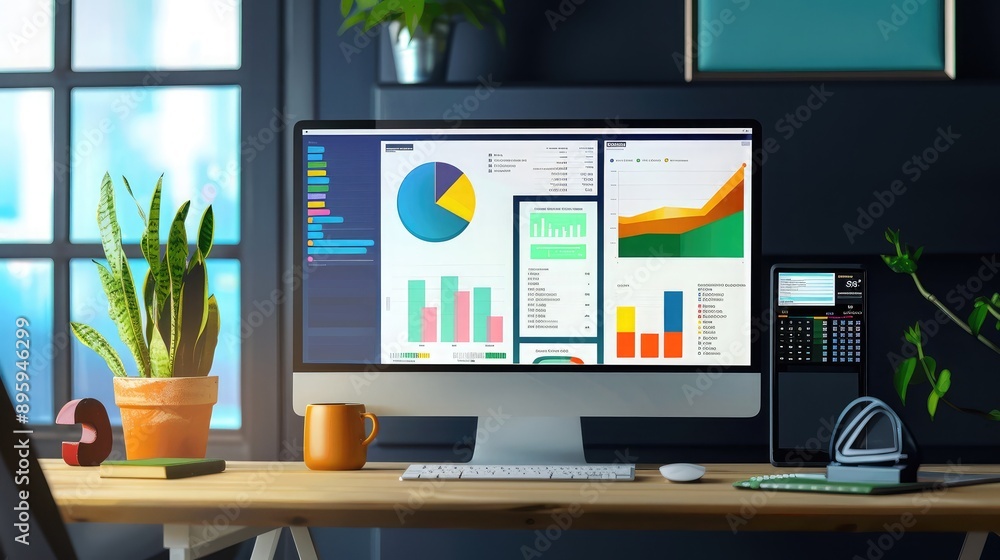 Poster a desktop setup with a monitor showing a customer relationship management (crm) system.