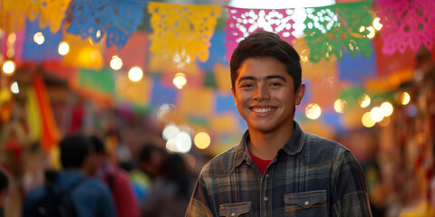 Fototapeta premium Young man smiling at night market with colorful paper flags and lights