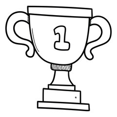 Hand drawn doodle champion trophy on white background.