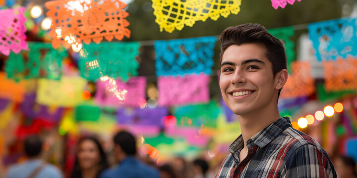 Young hispanic man smiling at a festival with colorful decorations - Powered by Adobe