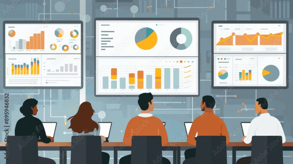 Poster a diverse team charts and graphs on a large screen