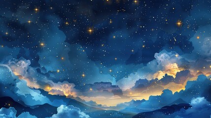 Fototapeta premium Enchanting Starry Night Sky with Dramatic Clouds and Sunset Glow