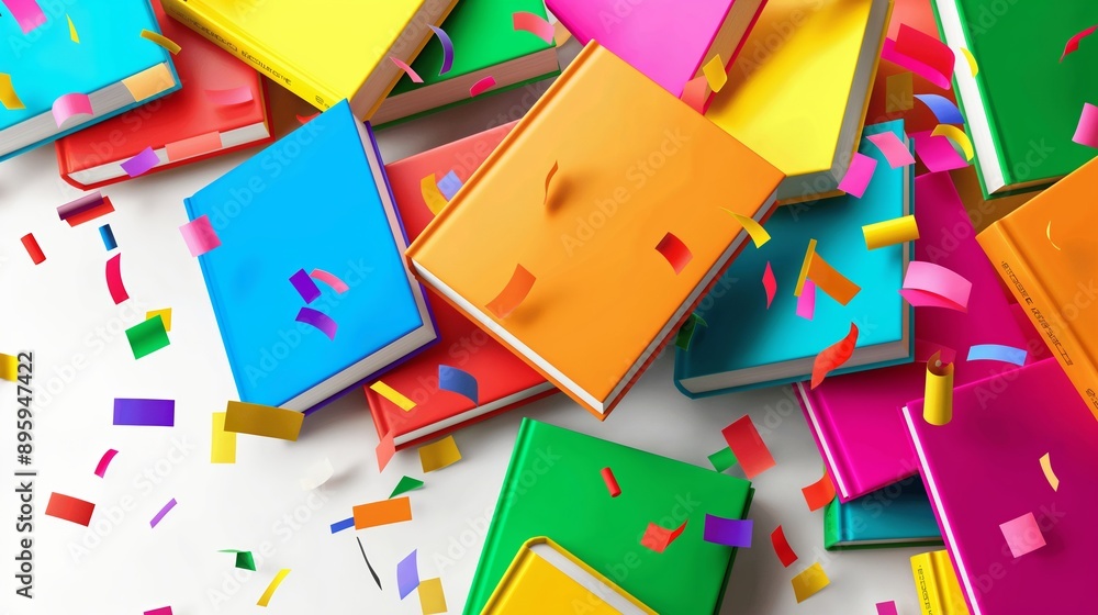 Poster a pile of books with confetti on top of them. the books are of different colors and sizes. the confe