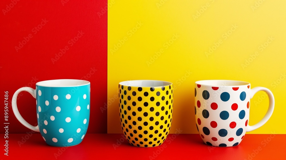 Poster three colorful coffee mugs with polka dots on them sit on a red background. the mugs are arranged in