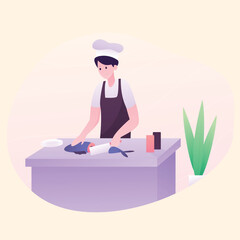 Master chef cook a food in kitchen platform