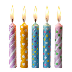 Set of birthday candles with flame, colorful candles, cake decoration. Isolated on transparent background