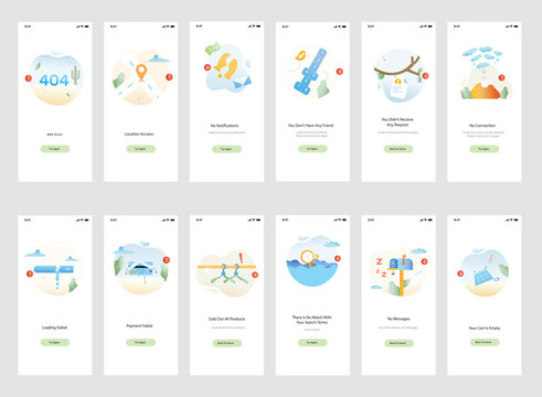 Illustration of error screens, handling exceptions, empty states. page not found 404, internal server error 500, bad gateway 502. The modern flat design concept of onboarding ui ux design