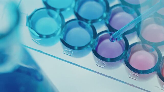 Pipette adding sample of purple liquid into the well of laboratory microtiter plate. Extreme close-up shot