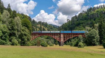 Fototapeta premium A blue passenger train travels along a track through a forest landscape. A red metal bridge is visible in the distance. The sky is bright blue with white clouds