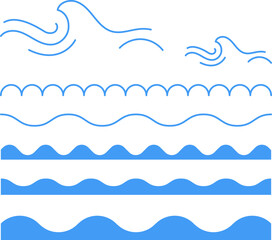 Blue line wave ornament. Water wave, sea wave, Wavy line set. Line water waves icon. Seamless vector marine wave decoration pattern isolated on white background.