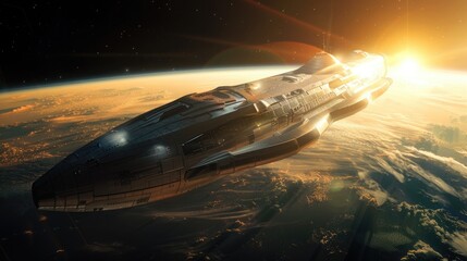 A colony ship departing from Earth on a centuries-long journey to a distant habitable planet, its sleek hull gleaming in the sunlight.