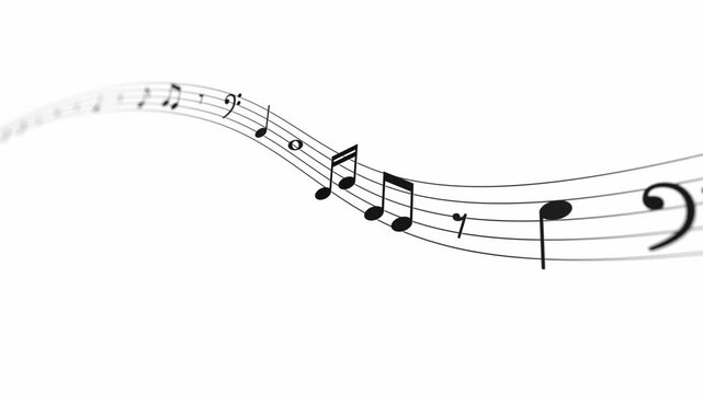 Musical note treble clef floating and flowing on staff line, abstract animated key tone on music sheet design, swirl tune score, classical creativity melody play background