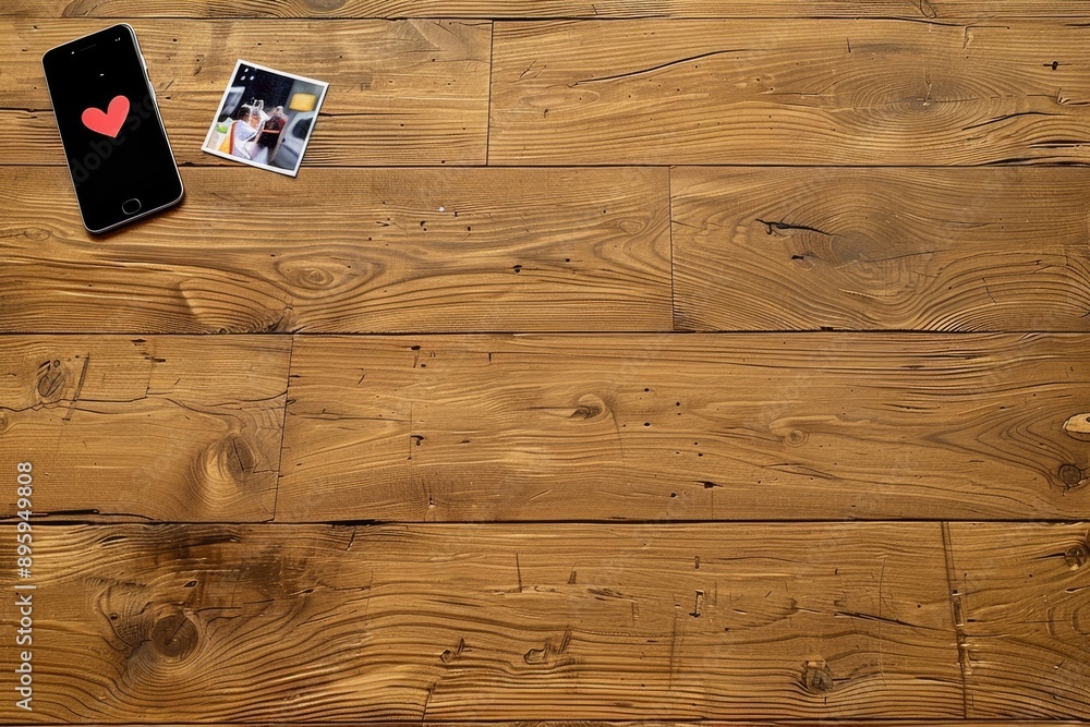 Poster a smartphone with a heart mark and a photo on the left side of a wooden background