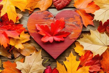 Autumn red and orange leaves with heart. Fall wooden background.