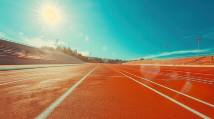 Stadium, running track in red-orange shade on a sunny summer day. Empty outdoor arena, cross country race championship event