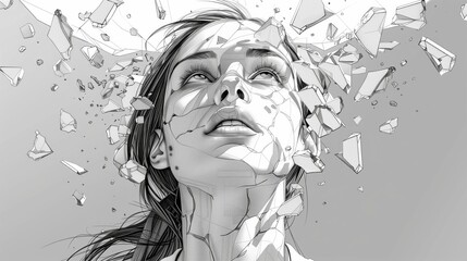Fototapeta premium Graphic illustration of a woman breaking through the glass ceiling / concept of equality, women's rights, empowerment / line art