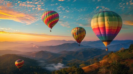 Naklejka premium Hot air balloons in a myriad of colors floating high above Doi Inthanon's mountains in Chiang Mai, Thailand. A breathtaking scene.