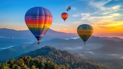 Naklejka premium Hot air balloons in vibrant colors floating above the scenic mountains of Doi Inthanon, Chiang Mai, Thailand. A stunning skyward journey.