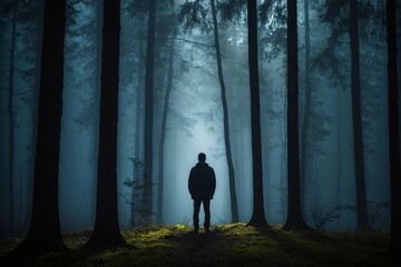 Solitary man in dense forest shrouded in fog with faint glow