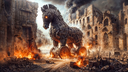 Colossal Trojan horse amid burning ruins of Troy. Ancient city ablaze, dark smoky sky. Dramatic scene of mythical war aftermath.