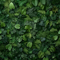 A lush green forest with many different types of plants and leaves