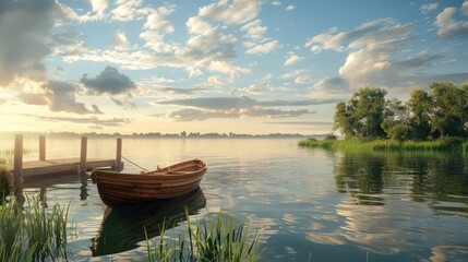 Fototapeta premium Idyllic lake with a row boat and wooden bridge, calm water, and scenic sky, ideal for a serene escape