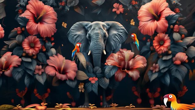 Refreshing background with an elephant in an exotic jungle with flowers, macaws and lush vegetation