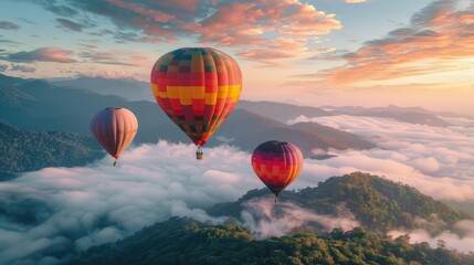 Obraz premium Vibrant balloons soaring high over the scenic mountains of Doi Inthanon, Chiang Mai, Thailand. A stunning flight scene