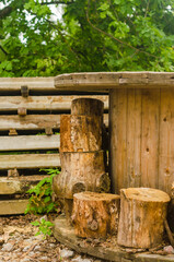 Naklejka premium wooden Wire spools with stumps near . High quality photo