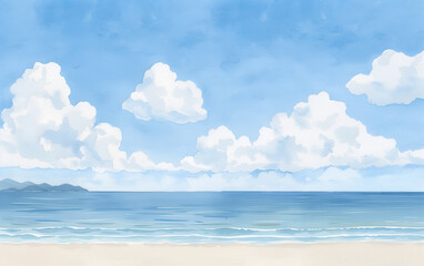 Fototapeta premium Serene Beach with Soft Clouds and Gentle Waves in Minimalist Art Style