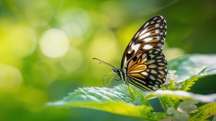 Sharp focus on a butterflys proboscis extracting nectar from a leaf, highlighting feeding behavior, insect, symbiotic relationship