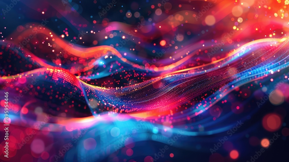 Poster a dynamic background with flowing digital data and bright colors.