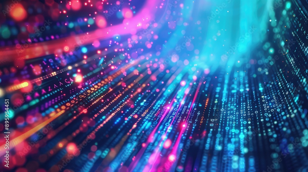 Poster a dynamic background with flowing digital data and bright colors.