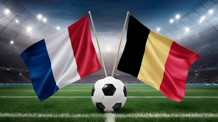 Naklejka premium France vs Belgium Football Game Euro 2024 - National Flags, Stadium, Soccer Ball.