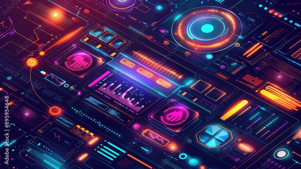 Poster a dynamic digital interface with bright colors and communication elements.